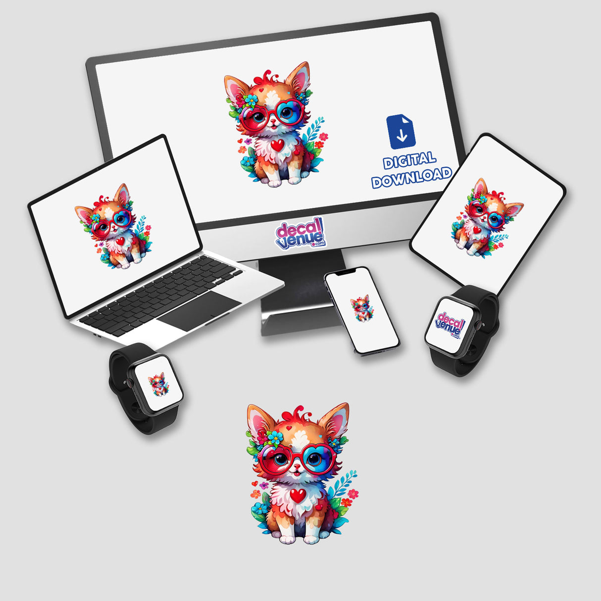 Cute Kitty with Red Heart Glasses sticker or digital artwork displayed on a computer monitor and laptop, surrounded by various cartoon animals on screen devices.