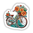 Vibrant floral bicycle with a basket full of bright orange and yellow flowers, surrounded by lush greenery