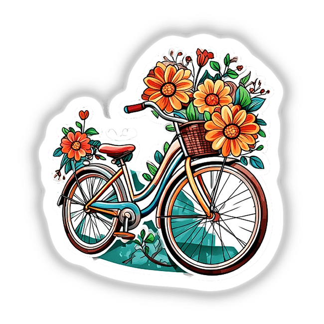 Vibrant floral bicycle with a basket full of bright orange and yellow flowers, surrounded by lush greenery