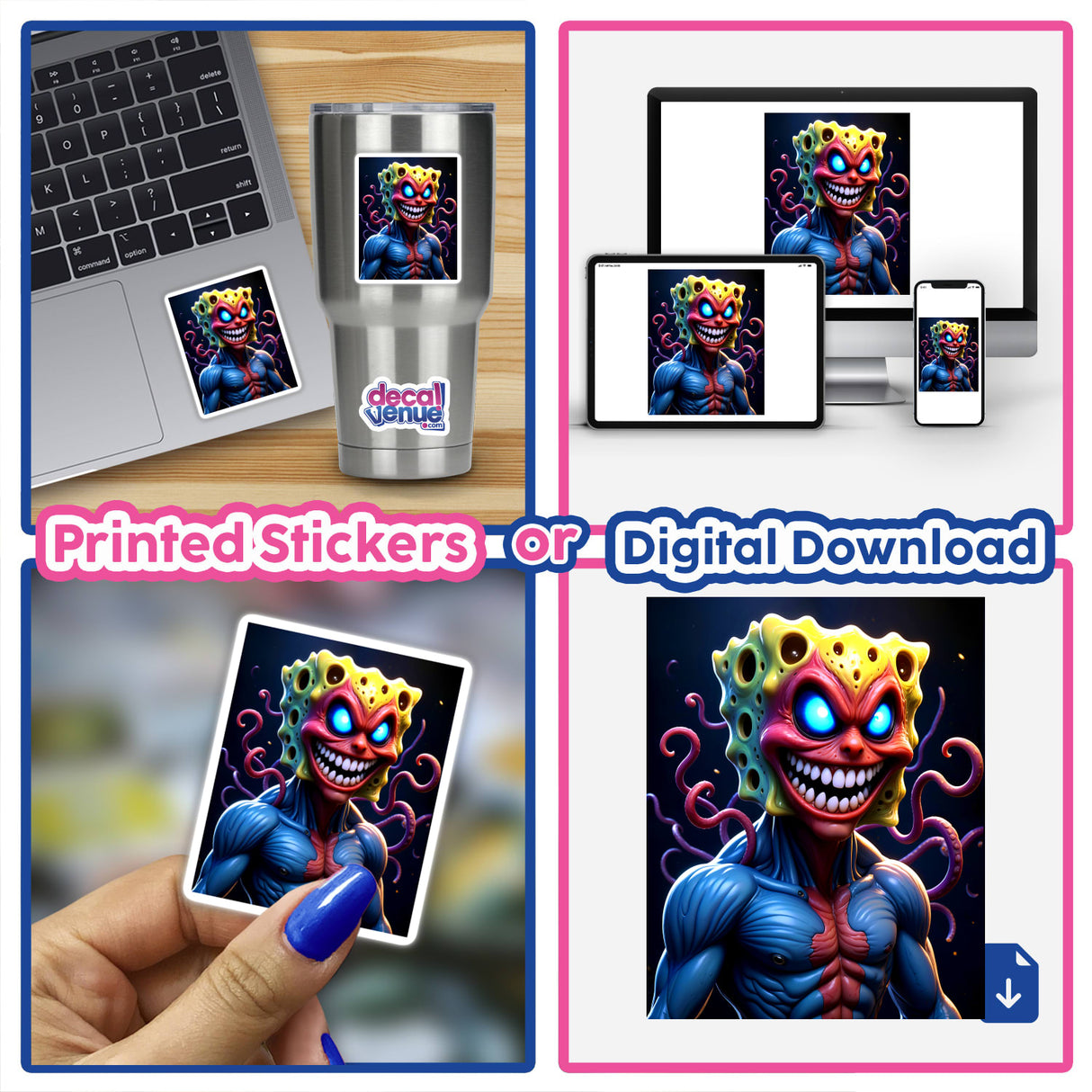 Collage featuring a laptop adorned with an Alien Mutant Superhero Villain sticker, highlighting a vibrant cartoon character. Available as a unique vinyl sticker or digital artwork from Decal Venue.