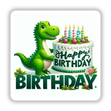 Silver Birthday Series: A cartoon green dinosaur holding a cup next to a birthday cake with candles and flowers. Available as stickers or digital artwork from Decal Venue.