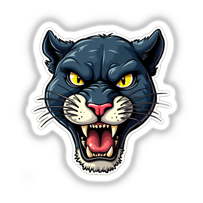 Cartoon-style illustration of Pantera Azul, a black panther with yellow eyes and sharp fangs, available as stickers or digital artwork.