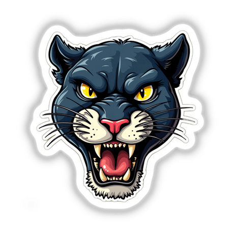 Cartoon-style illustration of Pantera Azul, a black panther with yellow eyes and sharp fangs, available as stickers or digital artwork.