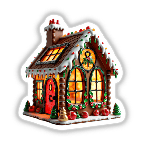 Gingerbread House Stained Glass Style depicted as a detailed gingerbread house adorned with intricate lights, available as unique stickers or digital artwork from Decal Venue.