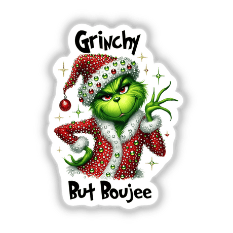 Grinchy But Boujee Christmas Rhinestone Santa Green Grouch character, available as stickers or digital artwork, featuring a green cartoon in a festive red and white outfit.