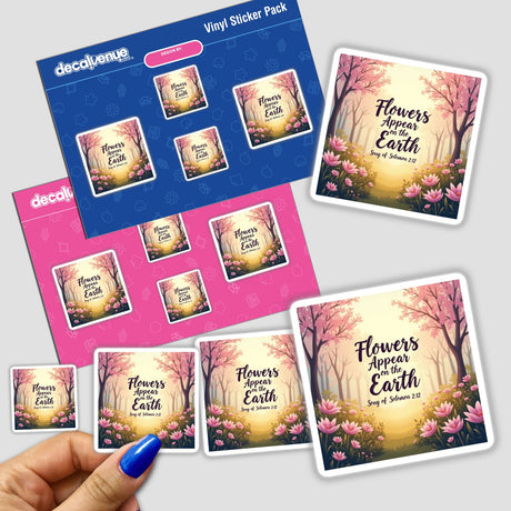 Hand holding 'Flowers Appear on the Earth – Song of Solomon 2:12' Bible Verse Sticker pack with floral and tree designs, available as vinyl stickers or digital artwork for commercial use.