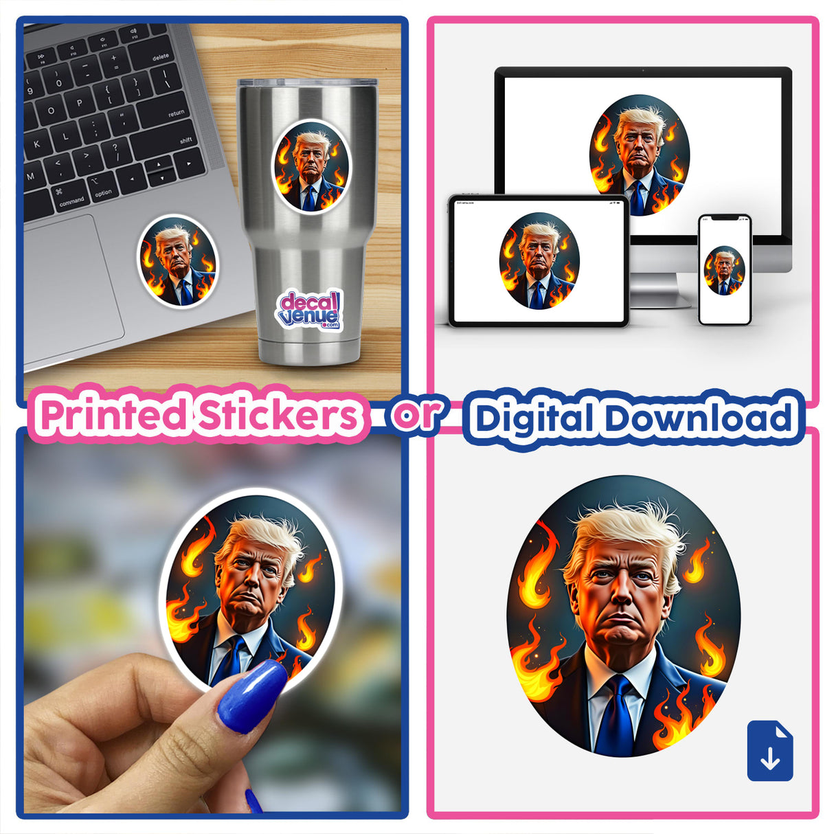 Collage featuring digital artwork of President Donald Trump, including a man on a laptop, serious expressions, and symbolic flames, available as unique stickers or digital pieces from Decal Venue.