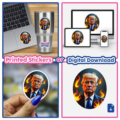 Collage featuring digital artwork of President Donald Trump, including a man on a laptop, serious expressions, and symbolic flames, available as unique stickers or digital pieces from Decal Venue.