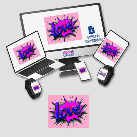 Love Valentine's Day product featuring a computer monitor and laptop displaying vibrant digital artwork, available as unique stickers or digital art from Decal Venue.