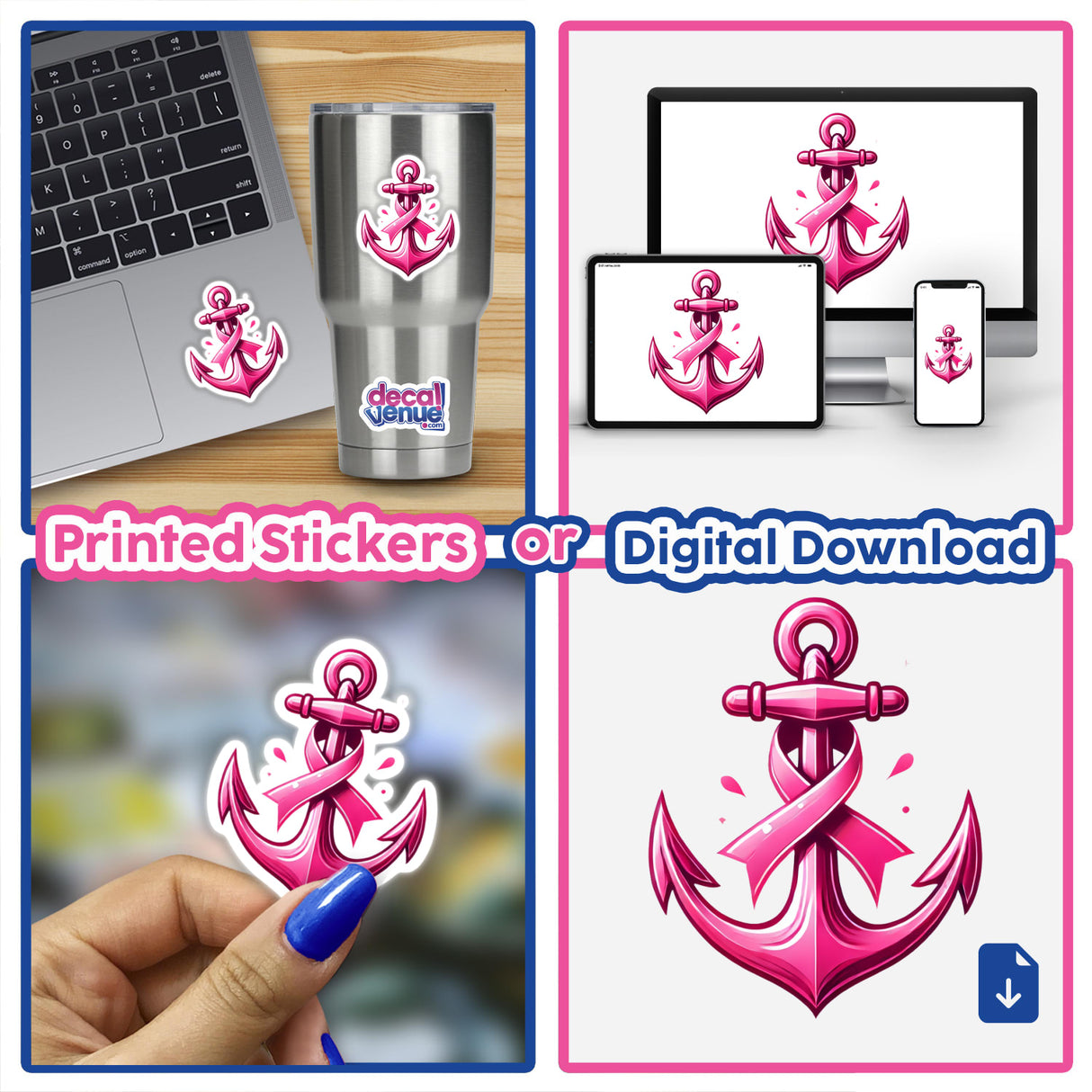 Collage showcasing Anchor Pink Ribbon Breast Cancer design on a laptop, close-up of a hand holding a sticker, and various views of the pink anchor with ribbon motif. Available as stickers or digital artwork.