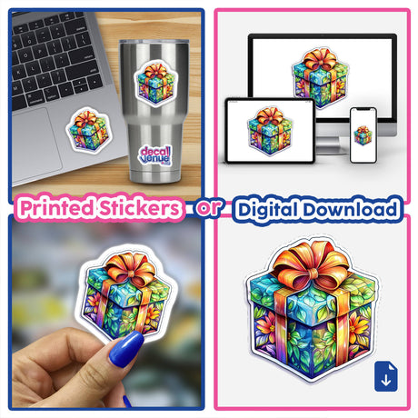 Colorful floral gift box illustration on product mockups, including laptop, phone, and sticker. Features vibrant flower and present design. Suitable for digital downloads or printed stickers from Decal Venue, an online store offering unique stickers and digital art.