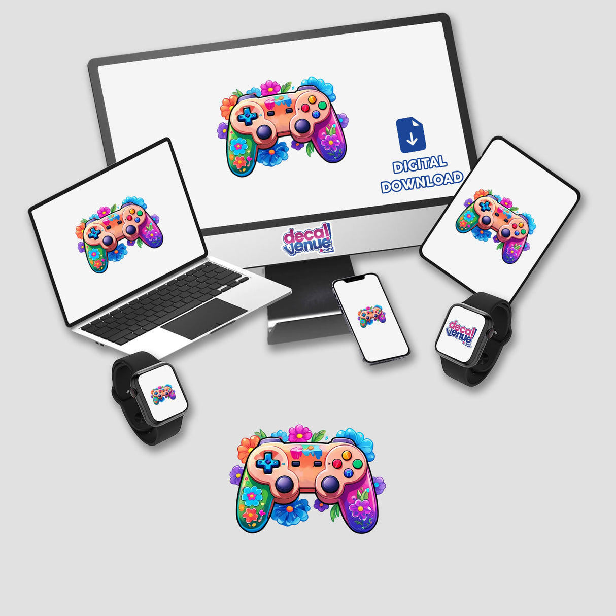 Colorful Gamer: Rainbow Floral Splash Controller Sticker displayed on a laptop screen, surrounded by various gaming devices, emphasizing the vibrant and unique digital artwork.