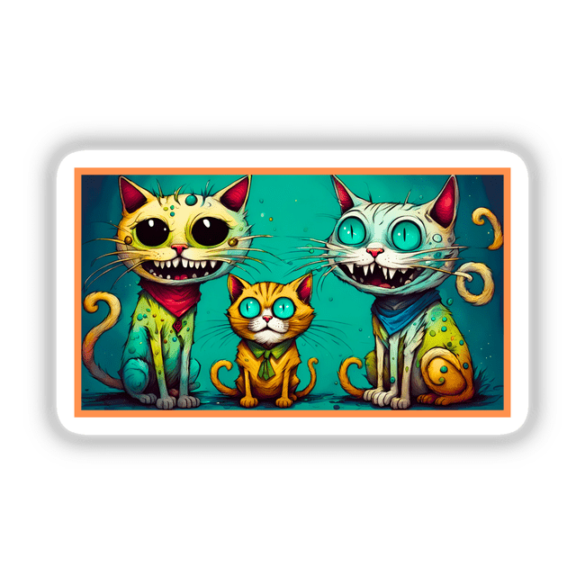 3 'Friendly' Cats illustrated with big eyes, featuring one in a red scarf. Available as stickers or digital artwork.