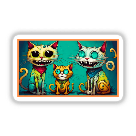 3 'Friendly' Cats illustrated with big eyes, featuring one in a red scarf. Available as stickers or digital artwork.