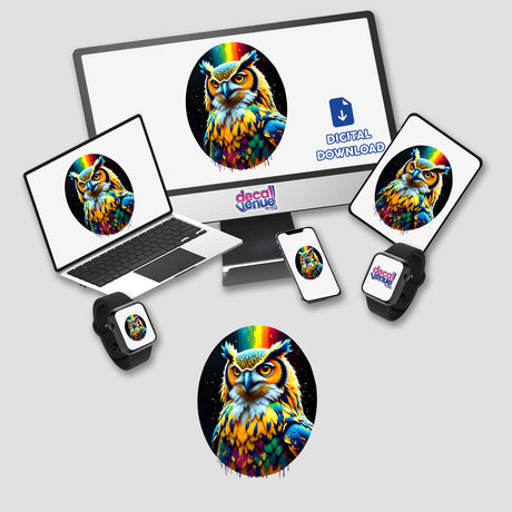 A Cool And Colorful Owl displayed on a computer monitor and laptop screen, available as unique stickers or digital artwork from Decal Venue.