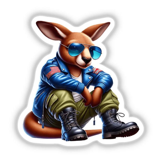 Cartoon kangaroo in aviator sunglasses and blue jacket, from Patriotic Leather Kangaroo Aviator Sunglasses collection, available as stickers or digital artwork.