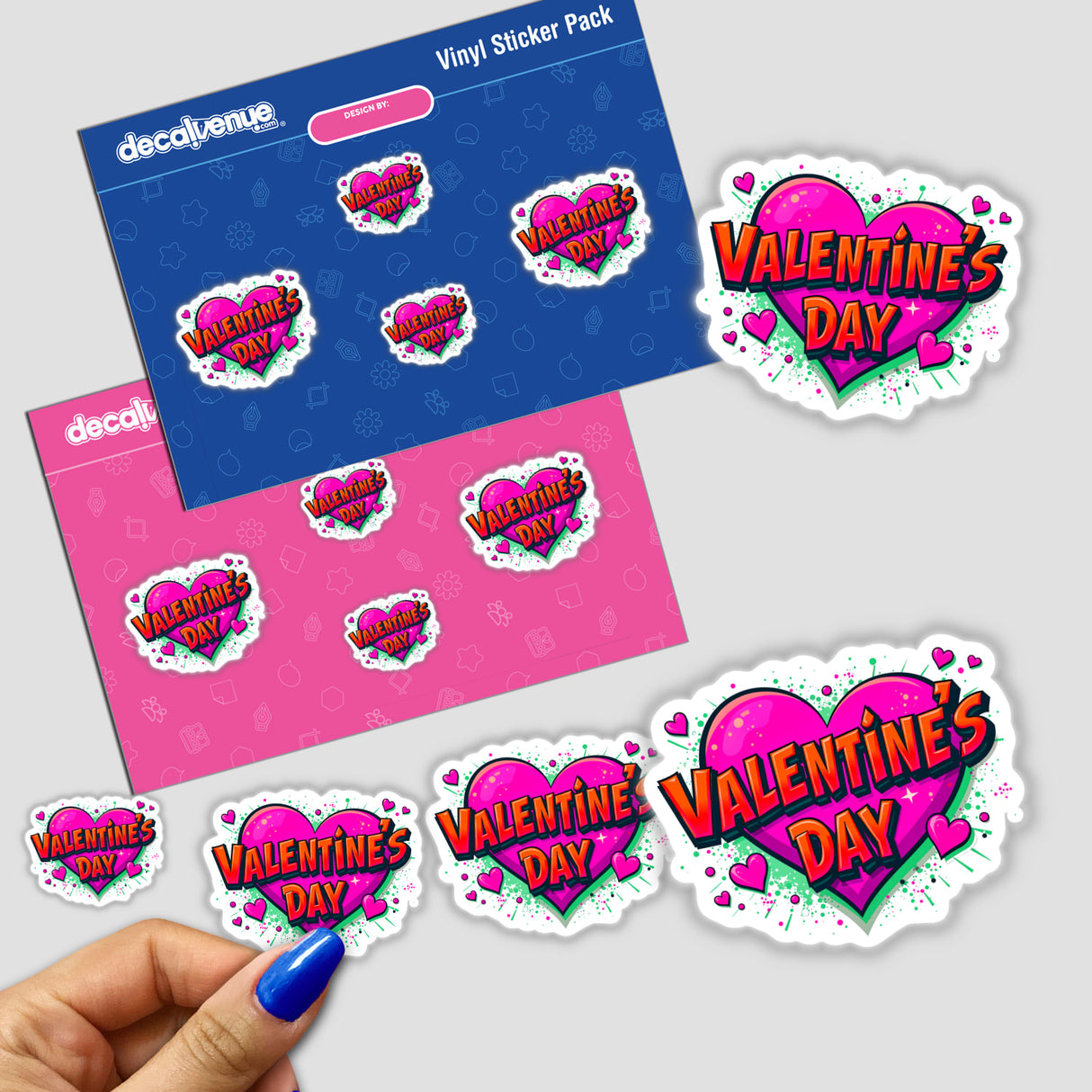 Valentine's Day Love Heart sticker pack featuring heart-shaped designs with text, held in hand. Available as stickers or digital artwork from Decal Venue's unique collection.