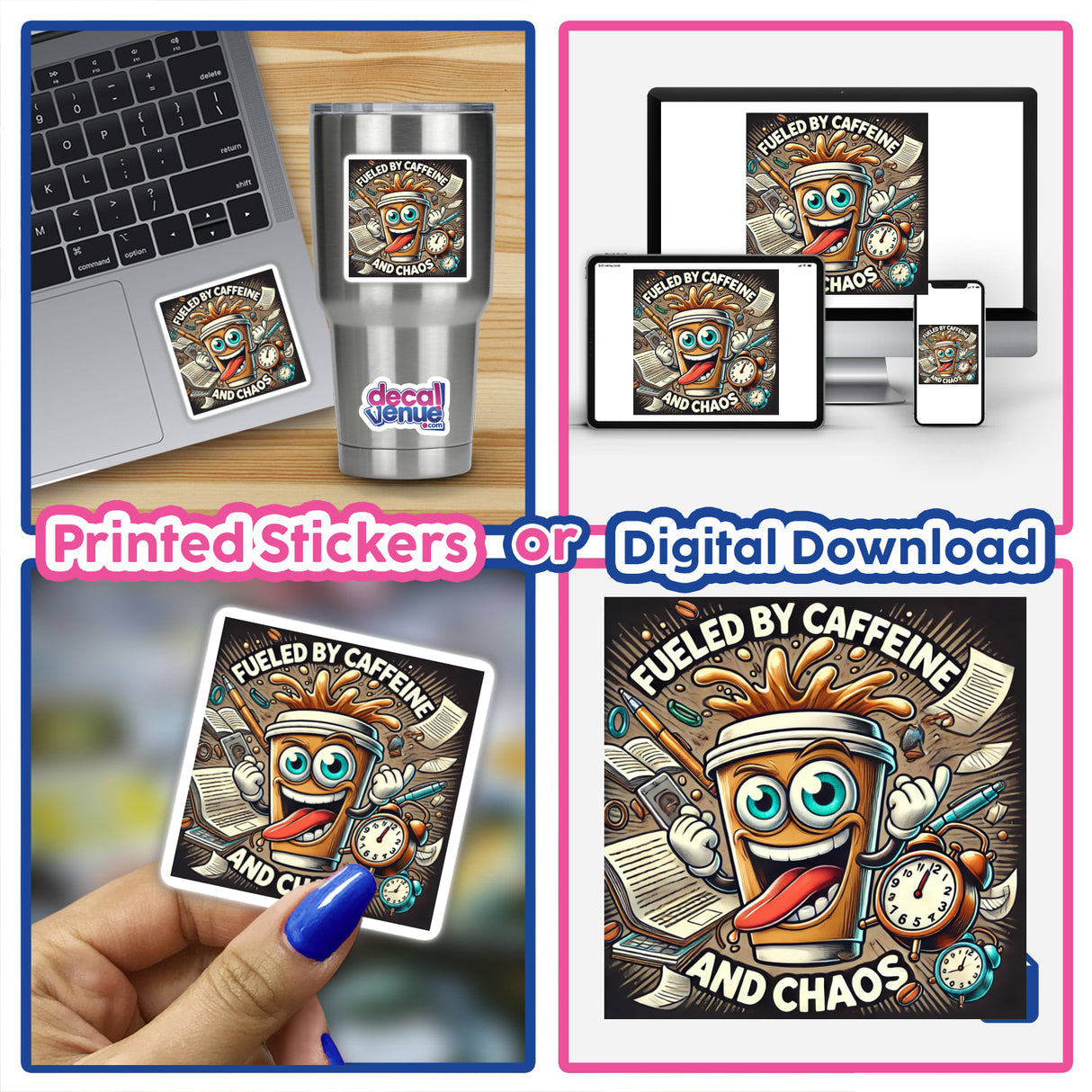 Collage featuring Coffee and Chaos stickers and digital artwork, showcasing a laptop adorned with a coffee-themed sticker, a hand holding a sticker, and a cartoon coffee cup illustration.