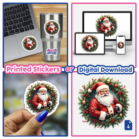 Jolly Santa Claus in a Christmas Wreath collage featuring Santa motifs and a laptop, available as stickers or digital artwork from Decal Venue.