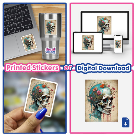 Collage featuring a laptop and sticker titled Beautiful bones, showcasing a skull adorned with flowers and leaves, highlighting its availability as stickers or digital artwork.