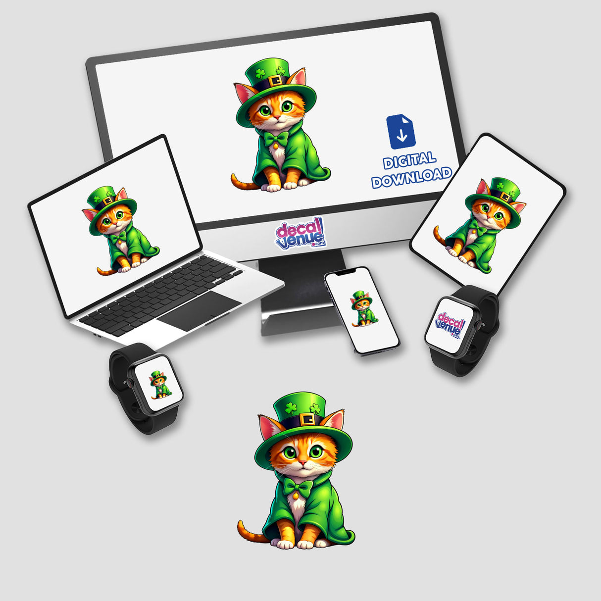 St. Patrick's Day Kitten digital artwork featuring a cartoon cat in a green hat and coat displayed on a computer monitor and laptop, available as stickers or digital art.