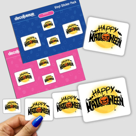 Hand holding a Happy Halloween sticker pack featuring unique designs from Decal Venue.