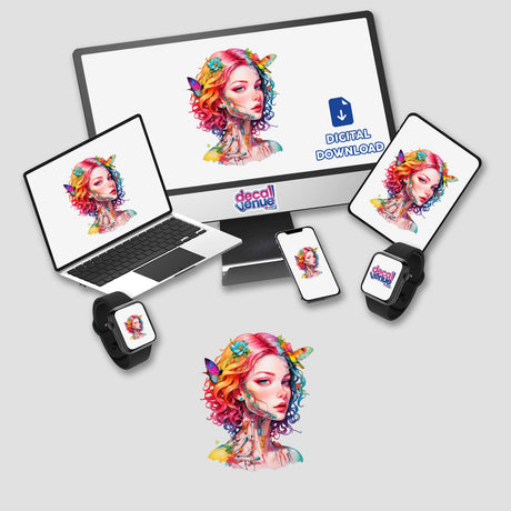 Futuristic Robotic Goddess Sticker Design: A computer monitor and laptop display an illustration of a woman with colorful hair and butterflies, reflecting a divine and metallic aesthetic. Available as stickers or digital artwork.