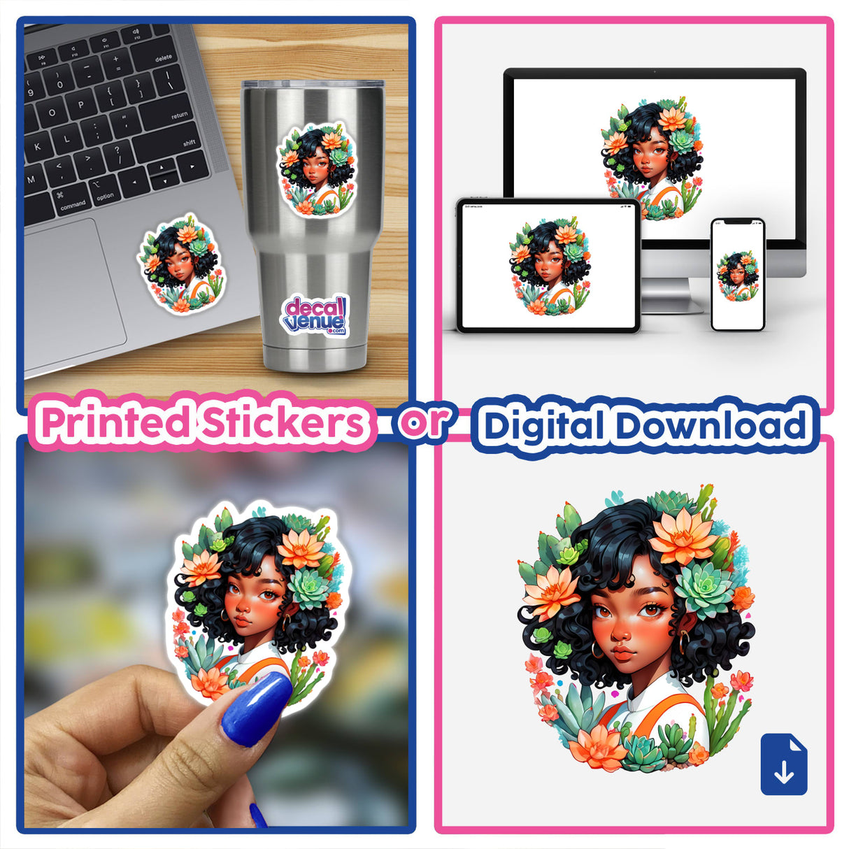 Collage featuring Diverse Beauty Sticker: Afro-Korean Portrait with Succulent Plants, shown on a laptop, cup, and phone, highlighting its versatility as stickers or digital artwork.