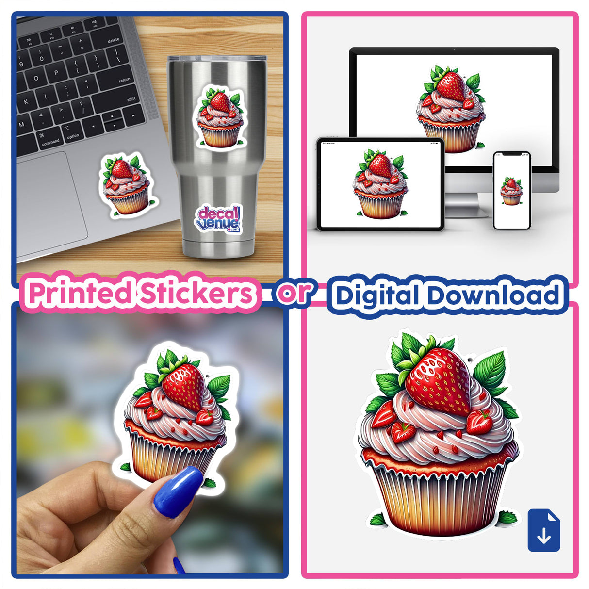 Delectable strawberry cupcake digital artwork displayed on various devices and printed stickers, showcasing the product's vibrant design and versatility.