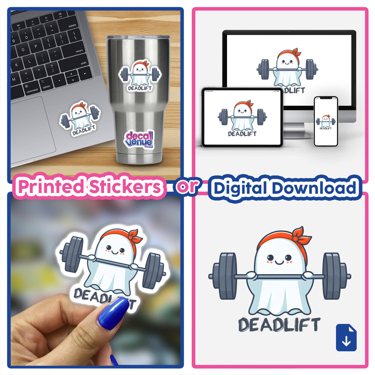 Cute Deadlift Ghost sticker displayed on a laptop, featuring a cartoon ghost lifting a barbell.