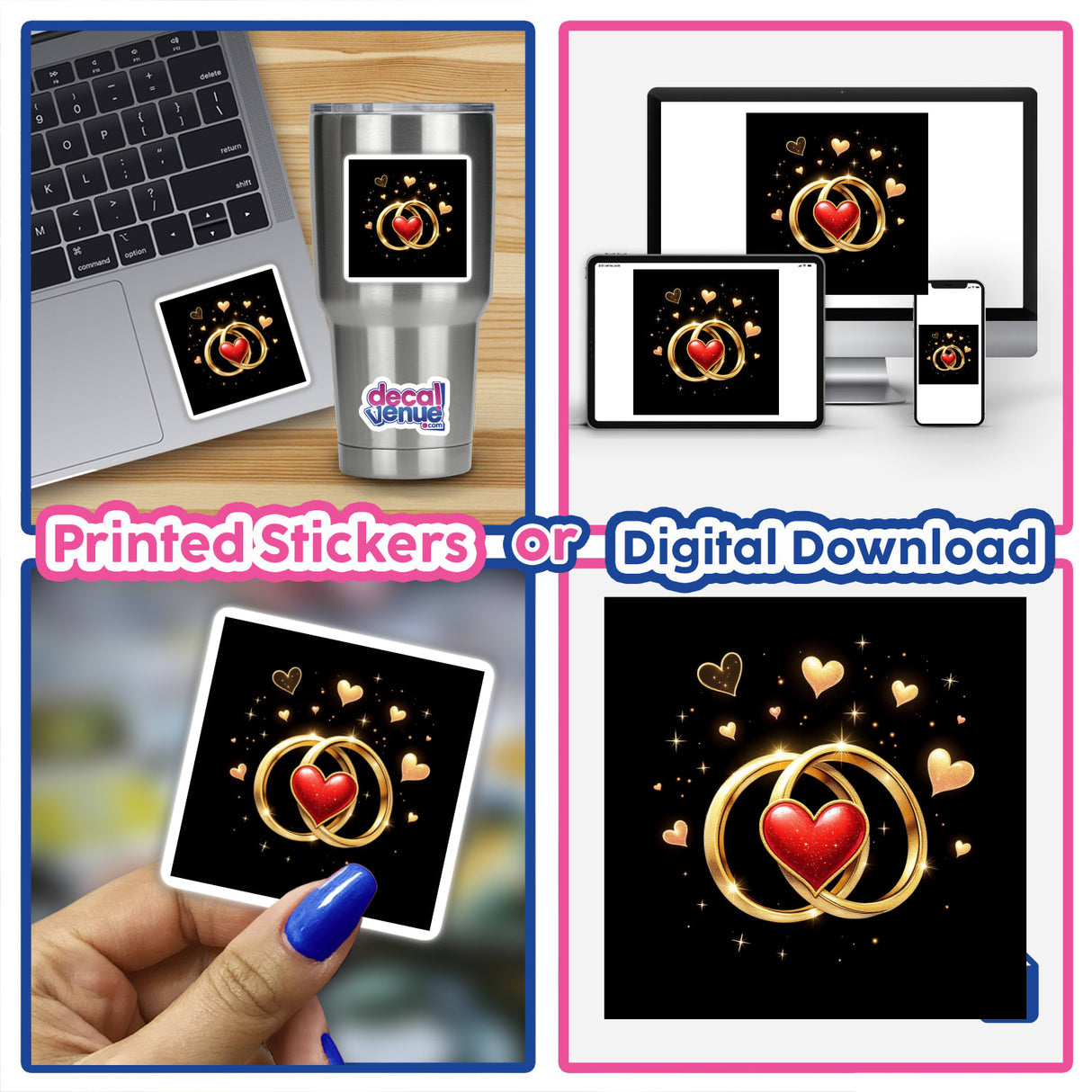 Collage featuring Interlocked Rings with Red Heart Charm and Twinkling Lights as stickers or digital artwork, displayed on various devices, highlighting Decal Venue's unique design style.