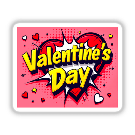 Valentine's Day Love Heart design featuring pink background with yellow text and various hearts, available as stickers or digital artwork from Decal Venue.