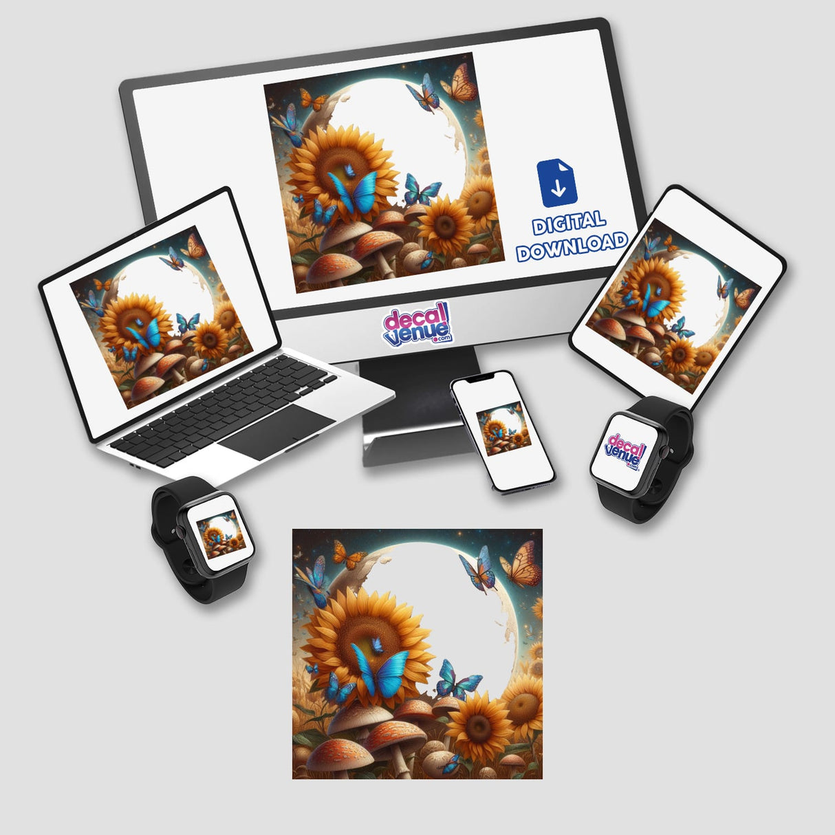 Luna: Digital artwork featuring butterflies and flowers displayed on a computer monitor, laptop, tablet, and smart watch. Available as stickers or digital art from Decal Venue.