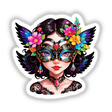 Divine Masquerade: Angelic Woman in Intricate Mask Sticker featuring a detailed cartoon of a woman wearing a decorative floral mask, highlighting her lips and necklace. Available as stickers or digital artwork.