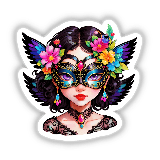 Divine Masquerade: Angelic Woman in Intricate Mask Sticker featuring a detailed cartoon of a woman wearing a decorative floral mask, highlighting her lips and necklace. Available as stickers or digital artwork.