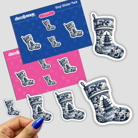 Chinoiserie Christmas Stocking stickers featuring intricate blue and white designs. Available as a sticker pack, showcasing festive, elegant motifs, perfect for enhancing holiday décor or digital artwork projects.