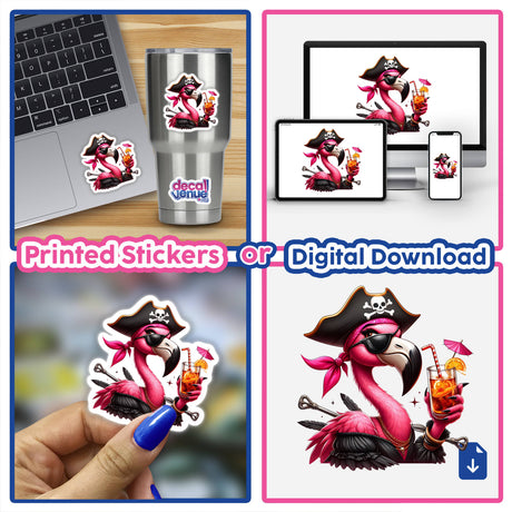 Colorful flamingo pirate with tropical drink sticker or digital download