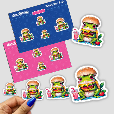 Froggie Burger Delight stickers featuring cartoon frogs enjoying burgers and drinks; available as stickers or digital artwork from Decal Venue.