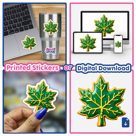 Leaf Shaped Cookie with Green Veins and Yellow Edges displayed against a laptop and plant background, representing Decal Venue's unique stickers and digital artwork collection.