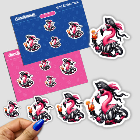 Vibrant pirate flamingo stickers and digital artwork on a product package from the Decal Venue store, showcasing a bold and whimsical design with the flamingo wearing a pirate outfit and accessories.