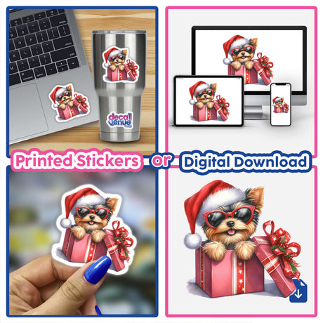 Christmas Lights Santa Sunglasses Yorkie Dog in Gift Box sticker, featuring a cartoon dog wearing sunglasses and a Santa hat, perfect for laptops or digital art decor.