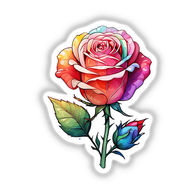 Vibrant Rose and Bud Sticker Design featuring a detailed, colorful rose with accompanying leaves and a bud, ideal for sticker enthusiasts and digital art lovers.