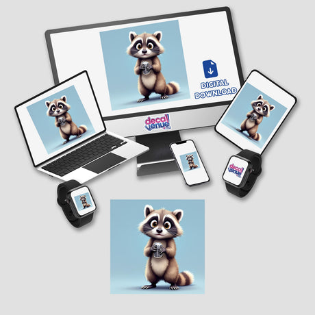 Adorable Raccoon Holding a Shiny Metal Can displayed on a laptop and phone screen, available as stickers or digital artwork from Decal Venue. This cartoon design exemplifies unique vinyl sticker offerings.