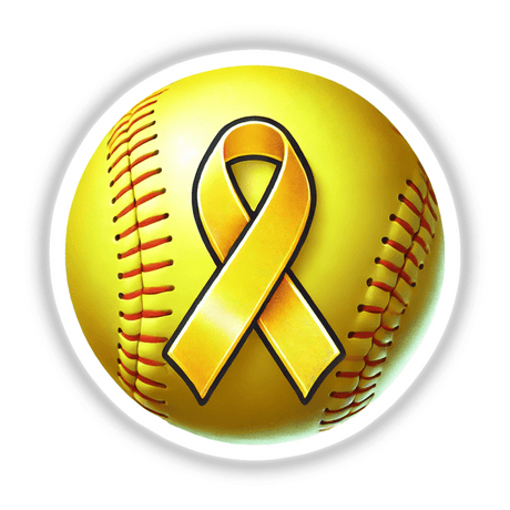 Softball Yellow Ribbon Childhood Cancer Awareness sticker featuring a yellow ribbon wrapped around a baseball, offered by Decal Venue.