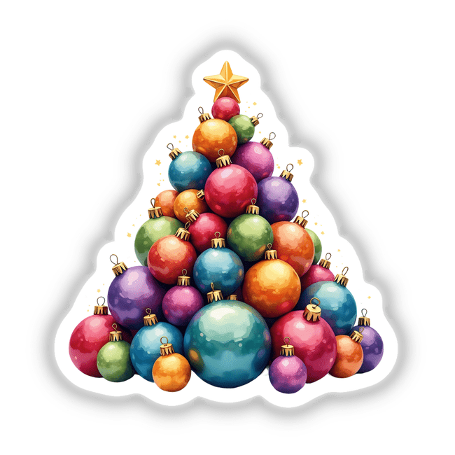 Watercolor Ball Ornament Christmas Tree displayed in a triangle shape, showcasing unique stickers or digital artwork, perfect for festive decoration from Decal Venue.