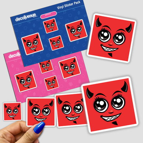 Sticker pack featuring the Cute Smiling Cartoon Devil Face with horns and teeth, held in a hand. Available as vinyl stickers or digital artwork from Decal Venue.