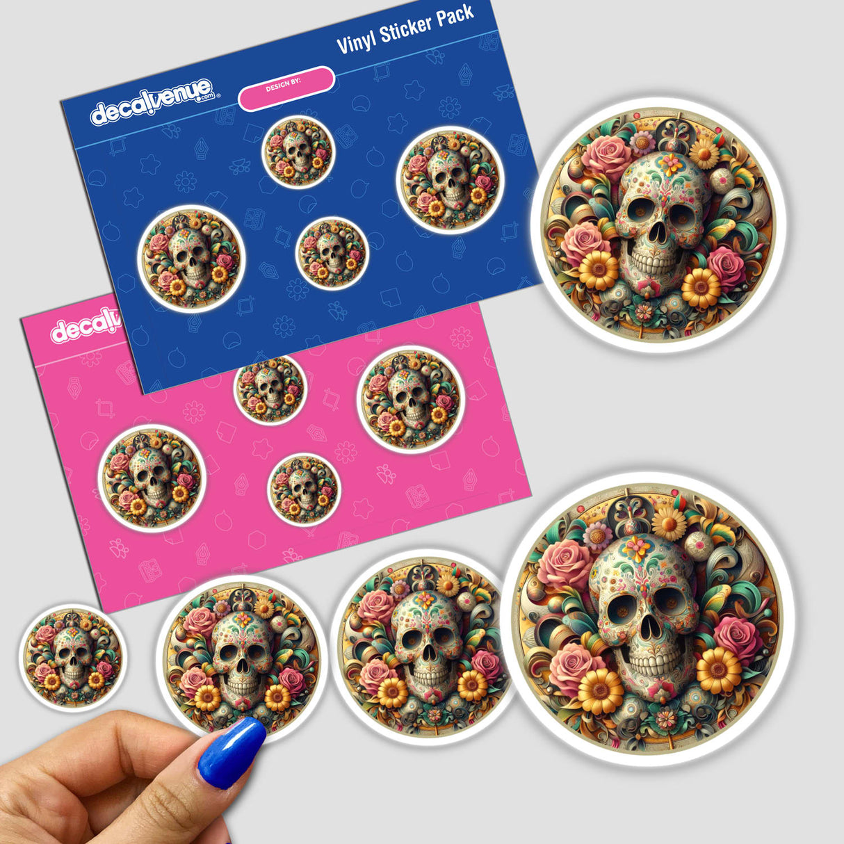 Day of the Dead sticker pack featuring intricate skulls adorned with flowers and leaves, offering unique designs available as stickers or digital artwork from Decal Venue.