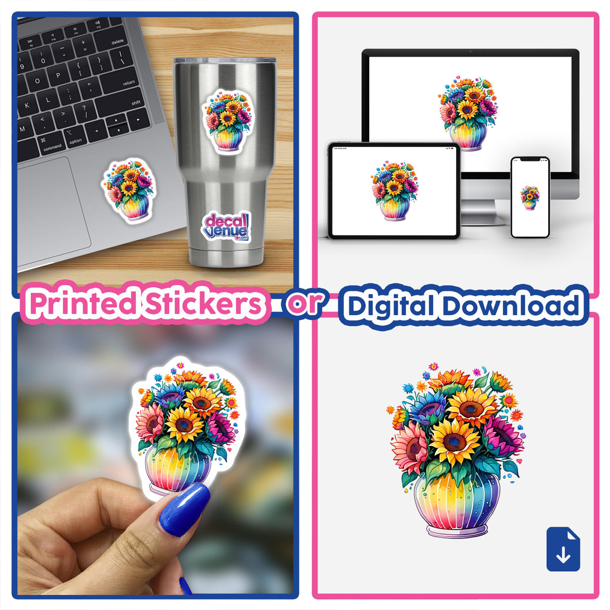 Sunflower Splash: Vibrant Floral Sticker featured in a collage with laptops, flowers, and close-ups of fingers and stickers, showcasing its unique design available at Decal Venue.