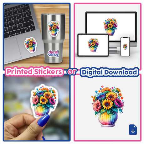 Sunflower Splash: Vibrant Floral Sticker featured in a collage with laptops, flowers, and close-ups of fingers and stickers, showcasing its unique design available at Decal Venue.