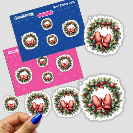 Pair of Mittens in a Christmas Wreath sticker pack, featuring hand holding a sticker, showcasing festive mittens and holly. Available as unique stickers or digital artwork from Decal Venue.